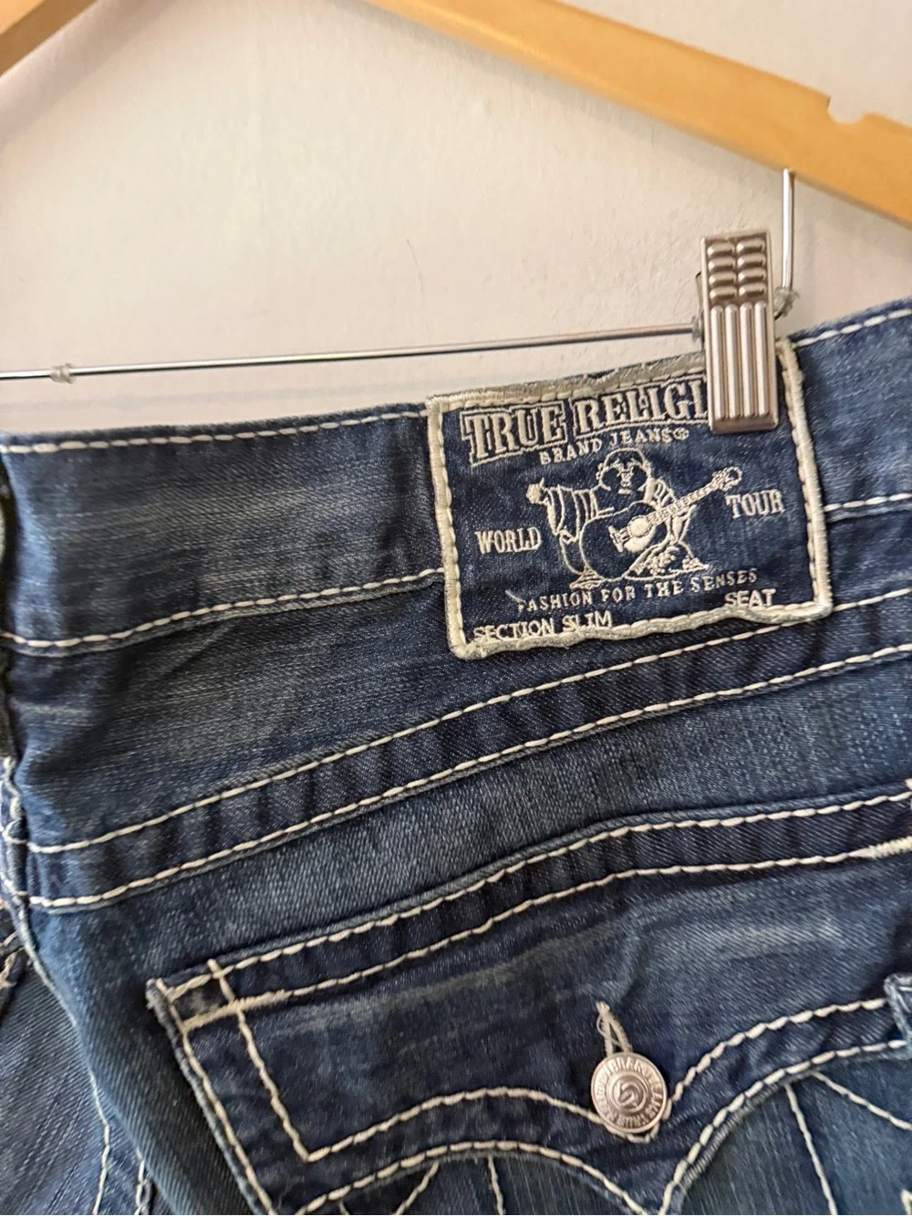 Y2K vintage True Religion Men's Dark Blue Jeans with crystal rhinestone design